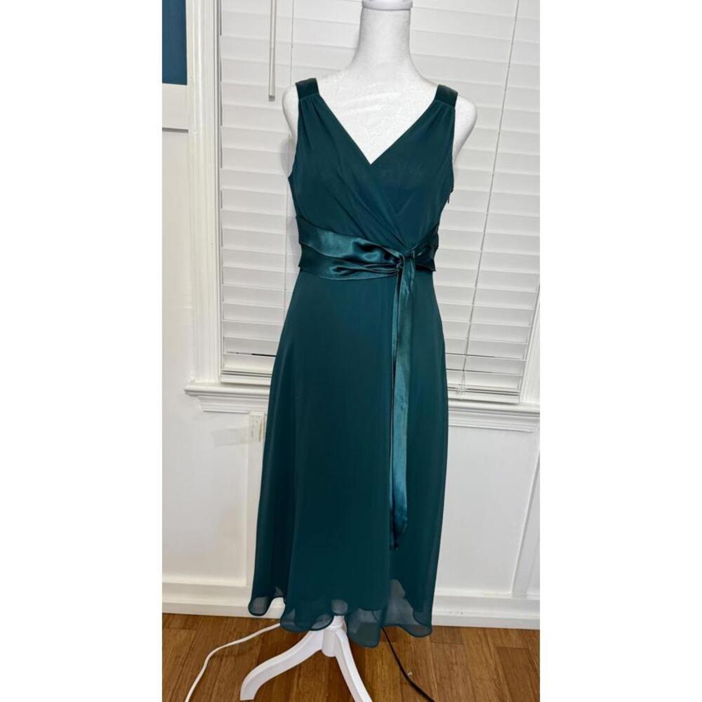 Evan-Picone Teal Sleeveless Midi Dress with Satin Waist Tie, Size 6